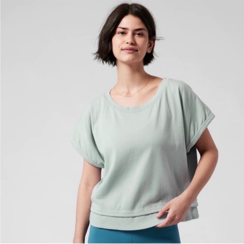 Athleta Sundown Shirred Sweatshirt Tee Coast Grey